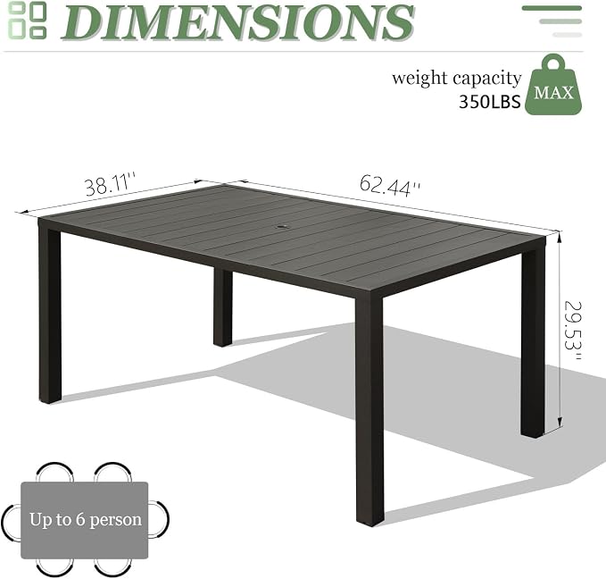 Domi Outdoor Dining Table for 6 Person, Rectangular Slatted Metal Patio Table for Deck Garden Lawn Backyard Use with Umbrella Hole, Brown