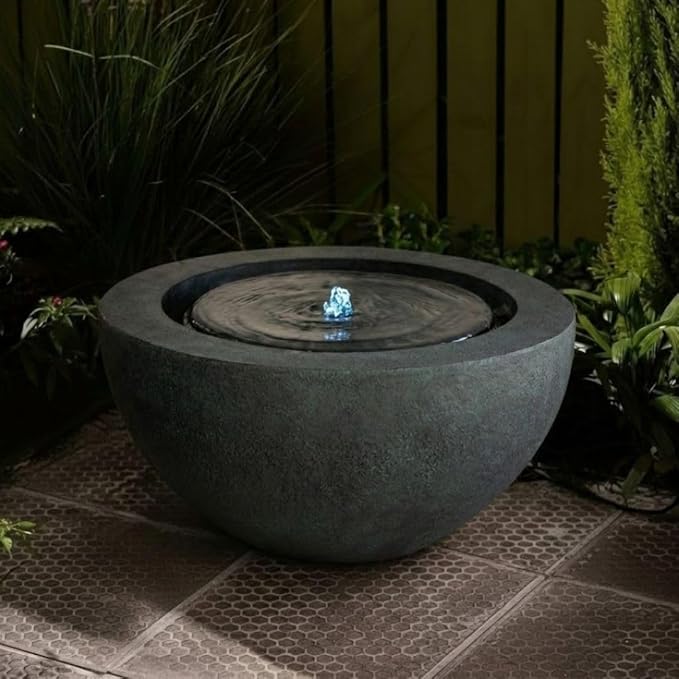 XBrand 19.8" W Round Sphere Water Fountain Indoor Outdoor with LED Light, Polyresin Bubbler Feature for Patio Garden Yard Home Décor, Dark Green