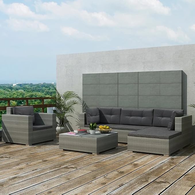 6 Piece Patio Lounge Set with Cushions, Sectional Sofa Patio Conversation Set Front Porch Furniture Outdoor Sofa Sets for Exhibition Negotiation Area Poolside Garden Poly Rattan Gray