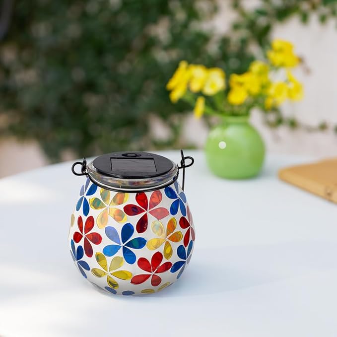 Stargarden Mosaic Solar Lanterns, Glass Hanging Lantern Waterproof Outdoor Haning Lights Flower Decorative Table Lamp for Garden ,Patio,Yard Decor