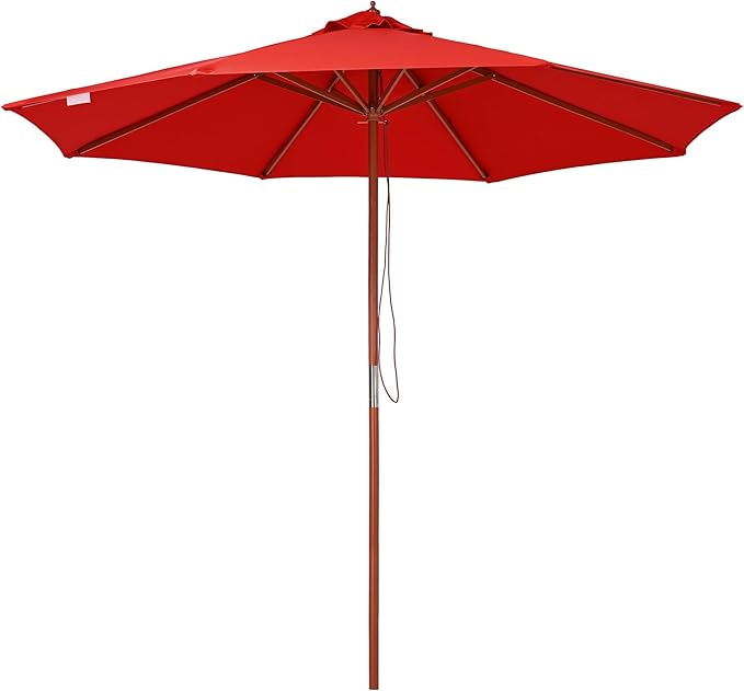 9 Ft Wooden Patio Umbrella 8 Ribs Table Parasol Rope Pulley Outdoor Garden Yard