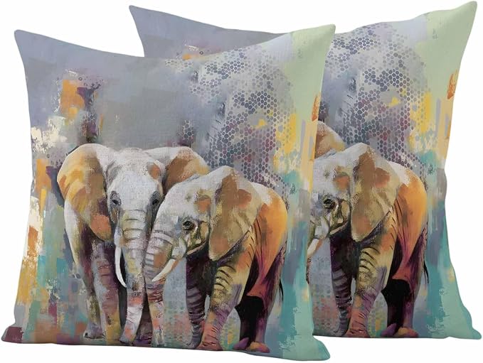 Elephants Outdoor Pillow Covers 20"x20" Set of 2, Animal Abstract Splatters Bohemian Waterproof Throw Pillow Covers for Patio Furniture, Decorative Cushion Covers for Porch