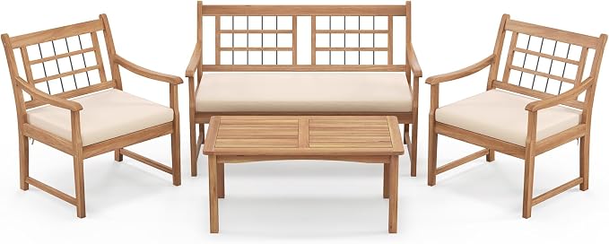 Tangkula 4 Piece Wood Patio Furniture Set, Outdoor Conversation Set w/Soft Seat Cushions, Solid Acacia Wood Frame, 2 Armchairs, Loveseat & Coffee Table Set for Backyard, Porch, Poolside (White)