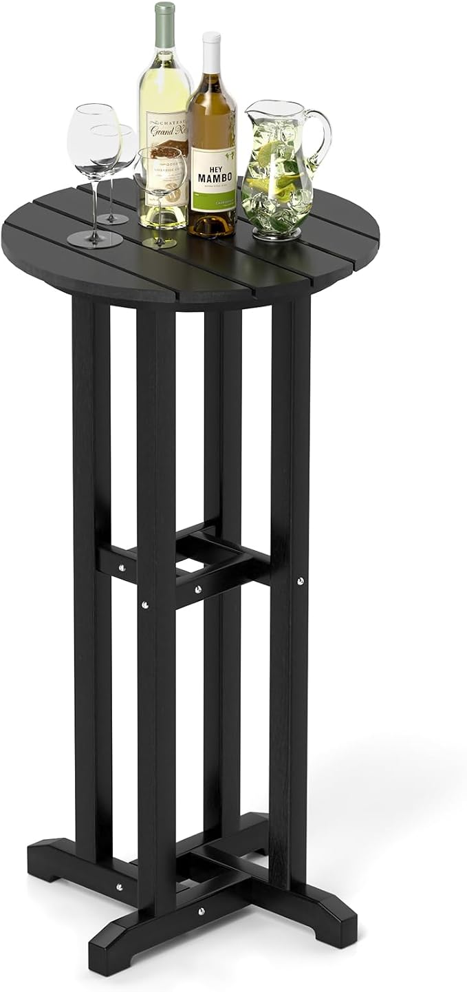 Tangkula 21.5" Round Bar Table, Patio HDPE Bar Height Dining Table w/Slatted Tabletop, Outdoor All-Weather High-Top Bistro Table for Poolside, Backyard, Balcony (Black)