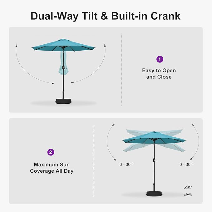 PURPLE LEAF 9' Round Patio Umbrella Outdoor Table Umbrella Aluminum Frame Market Umbrella with 8 Sturdy Ribs & Tilt for Garden Deck Lawn Pool Turquoise Blue