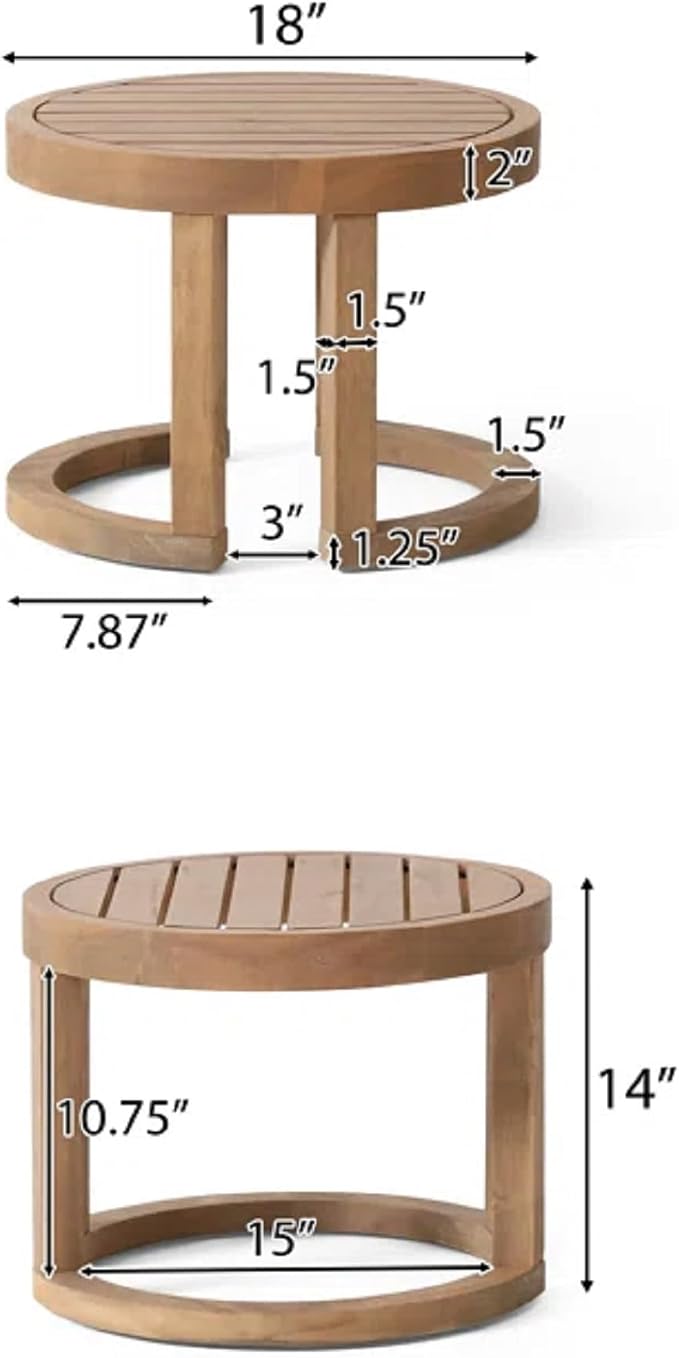 Round Acacia Wood Outdoor Side Table, Small Patio Accent End Table Circular Slat Top Support Frame Side Table for Backyard Garden Pool Balcony Porch Deck Natural Wooden Outdoor Coffee Table