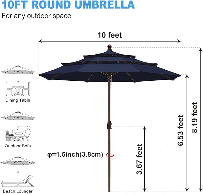 Eurmax USA 10-Year-Non-Fading 10FT 3-Tier Outdoor Patio Market Umbrella,UPF50+ UV Resistant,Heavy Duty Commercial Grade,Crank Lift Design,Windproof Vented Top for Garden,Pool,Deck,Navy Blue