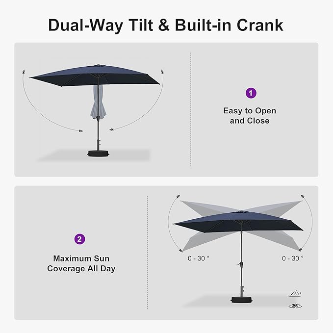 PURPLE LEAF 6.5' x 10' Rectangular Patio Umbrella Outdoor Table Umbrella Aluminum Frame Market Umbrella Sun Umbrella for Garden Deck Lawn Pool Navy Blue