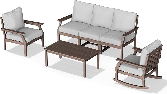 HDPE Patio Conversation Set, 6-Piece All Weather Outdoor Furniture Set with 1 Single Rocking Armchairs for Deck, Lawn, with Cushion, Brown