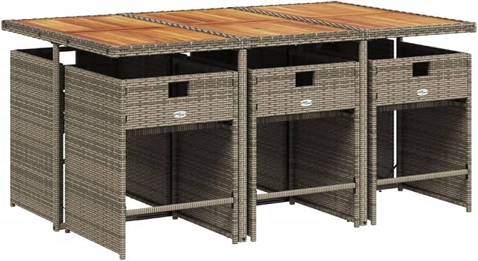 7 Piece Patio Dining Set with Cushions Gray Poly Rattan Outdoor Table and Chairs for Garden Backyard Deck Entertaining UV-Proof Folding Stackable