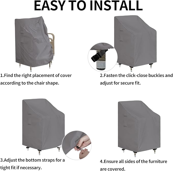 Easy-Going Stackable Patio Chair Cover UV Resistant Outdoor Chair Cover Waterproof Lawn Patio Furniture Covers Fits for 4-6 Stackable Dining Chairs (2 Pack-28Wx36Dx47H inch, Grey)