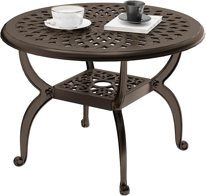 Round Outdoor Coffee Table Set of 2, Cast Aluminum Side Table with Storage,Indoor End Table, All-Weather Bistro Table for Patio Garden Lawn, Bronze