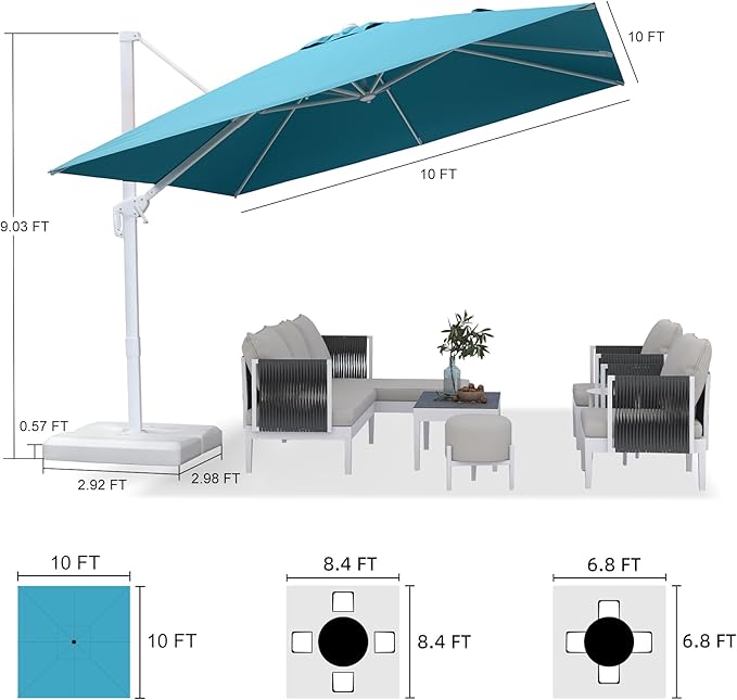 PURPLE LEAF 10 FT Patio Umbrella With Base White Cantilever Umbrella Square Outdoor Offset Umbrella Windproof with 360° Rotation for Garden Deck Pool, Turquoise