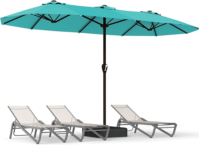 15FT Large Patio Umbrella with Base, Double Sided Rectangular Outdoor Umbrella with Sturdy Fiberglass Ribs, UPF 50+ Sun Protection, Wind-Resistant, Waterproof Fade-Resistant Fabric for Pool, Garden, Backyard, Deck(Peacock Blue)
