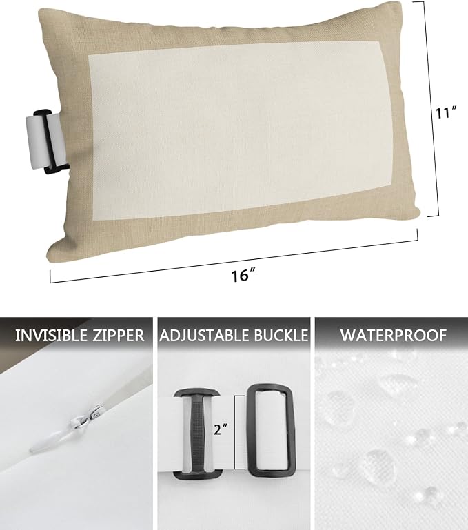Outdoor Pillows Covers with Inserts Country Vintage Linen Texture Waterproof Recliner Pillow with Adjustable Strap Throw Pillows for Patio Furniture Pool Lounge Chair, 11x16 inch, 1PCS
