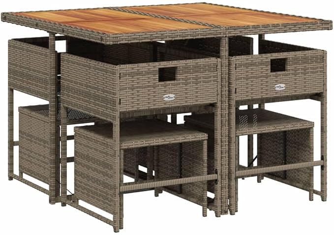 9 Piece Garden Dining Set with Cushions Grey Poly Rattan Outdoor Patio Furniture Table and Foldable Chairs with Navy Blue Seat Cushions and Stools for Backyard Deck Lawn Relaxation