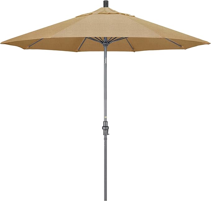 California Umbrella 9' Rd. Crank Lift, Collar Tilt, Aluminum Pole, Fiberglass Rib Patio Umbrella, Hammertone Grey Finish, Sunbrella Linen Sesame