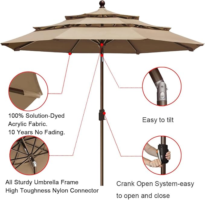 EliteShade USA 10-Year-Non-Fading 9ft 3-Tier Market Patio Umbrella, Commercial Grade Outdoor Table Umbrella with Crank Open, Windproof & UPF 50+ UV Protection, Heavy Duty Ventilation for Garden, Deck, Pool, Backyard, Beach & Bistro, Heather Beige