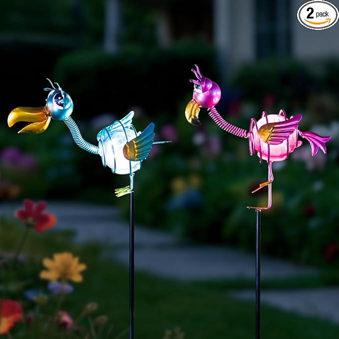 Outdoor Garden Solar Lights,2 Pack Decorative Solar Lights for Garden Decor,Flamingo Backyard Decor,Metal Solar Lights with Stakes for Yard Landscape Patio