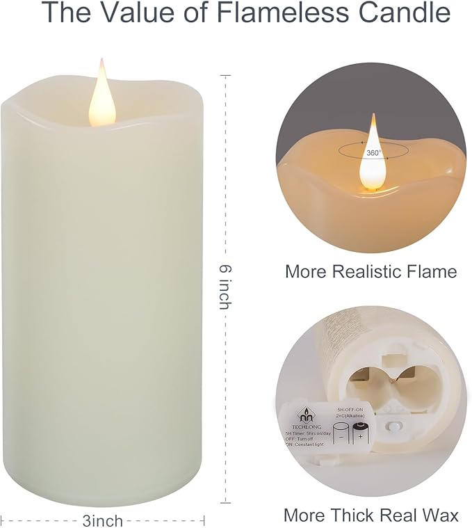TECHLONG Flameless Candles with Remote Timer, 3D Moving Flickering Flame Battery Operated Candles Lasting 1000+ Hours, 6" x 3" Ivory Real Wax Electric LED Pillar Candles, Set of 2