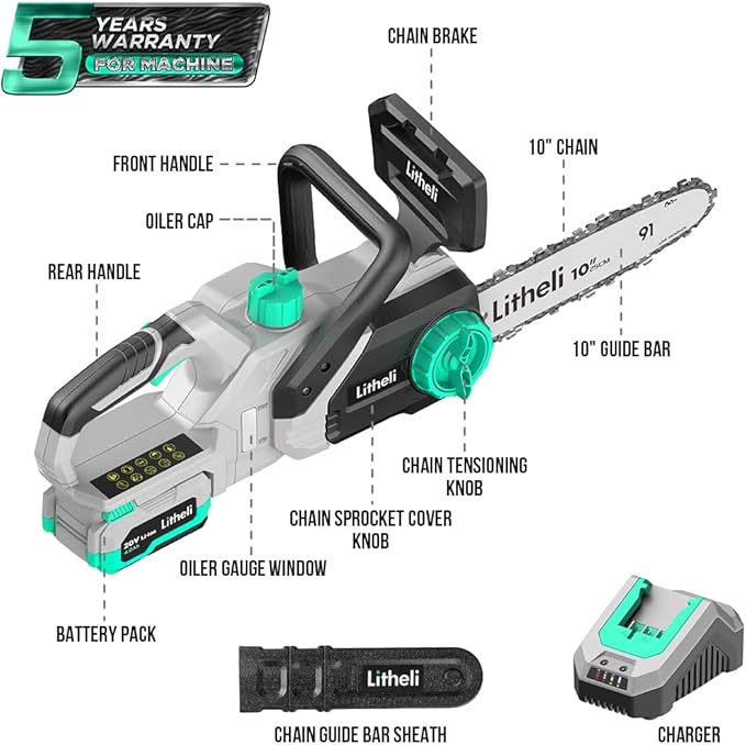 Litheli Chainsaw 10-inch, Portable Electric Chainsaw Cordless, Battery Operated Chain Saw with 4000 mAh,Mini Saws for Trees Cutting Home Garden(Battery & Charger included)