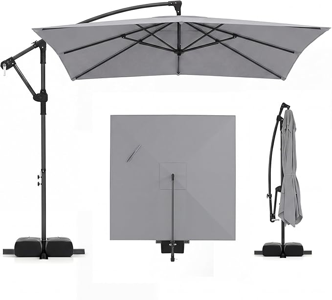 Tangkula 8x8 FT Patio Umbrella with Base Included, Square Offset Cantilever Outdoor Umbrella with 360 Degree Rotation, Crank Handle, Sandbags, 8 Ribs for Pool Deck Garden Backyard