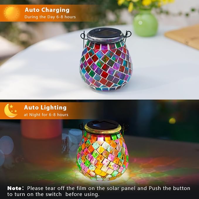 Stargarden 4 Pack Mosaic Solar Lanterns Outdoor Waterproof, Colorful Glass Hanging Lantern Decorative Solar Lights for Yard, Patio, Lawn, Gaden Decor