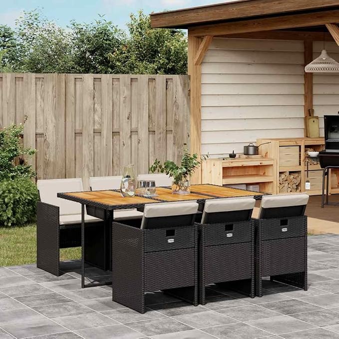 7 pcs Set Modern Garden Dining Set & Outdoor Dining Set Black Synthetic Poly Rattan Patio Furniture Set Balcony Furniture for Garden Backyard Patio 65.0 x 41.7 x 28.7 in