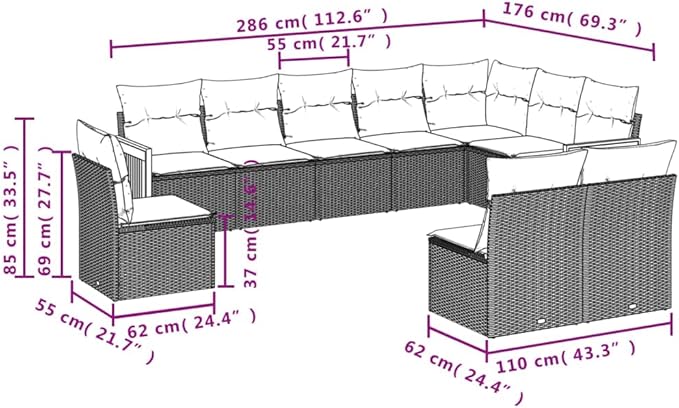 10 Piece Patio Sofa Set with Cushions, Patio Conversation Set Porch Furniture Set Garden Lounge Set Sectional Sofa for Garden Piazza Exhibition Negotiation Area Black Poly Rattan