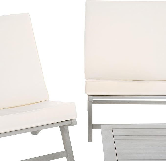 SAFAVIEH Outdoor Collection Chaston Grey Wood/Beige Cushion 4-Piece Conversation Patio Set