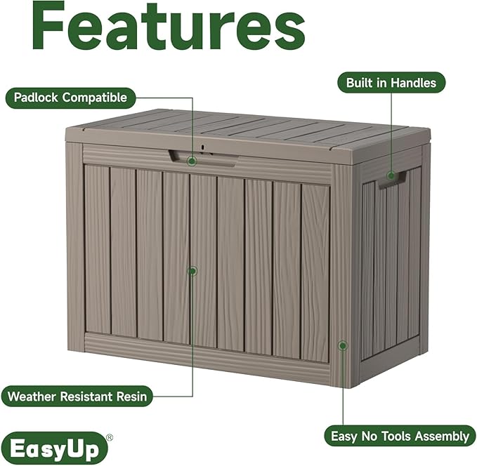 EasyUp 50 Gallon Deck Box,Outdoor Storage Box for Garden Tools Equipment,Cushions and Patio Storage,Lockable and Resin,Easy to Install(Grey)