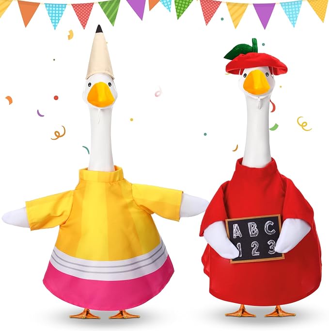 Abbylike 2 Set Back to School Porch Goose Outfit Pencil and Apple Goose Clothes Fits Large 23'' Cement Statue for Classroom Yard Patio Lawn Garden Pathway Art Decorations