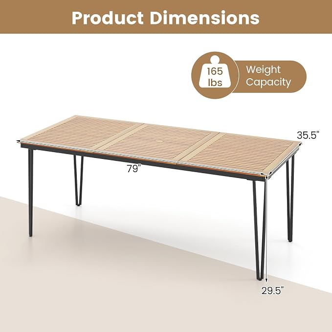 HAPPYGRILL Patio Dining Table for 8, 79" Rectangle Table with Acacia Wood Tabletop & Heavy Duty Metal Frame, Outdoor Dining Table with 2" Umbrella Hole for Backyard, Lawn & Garden