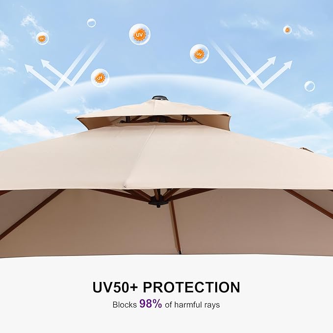 PURPLE LEAF 10' X 13' Double Top Deluxe Wood Pattern Rectangle Patio Umbrella Offset Hanging Umbrella Outdoor Market Umbrella Garden Umbrella, Beige