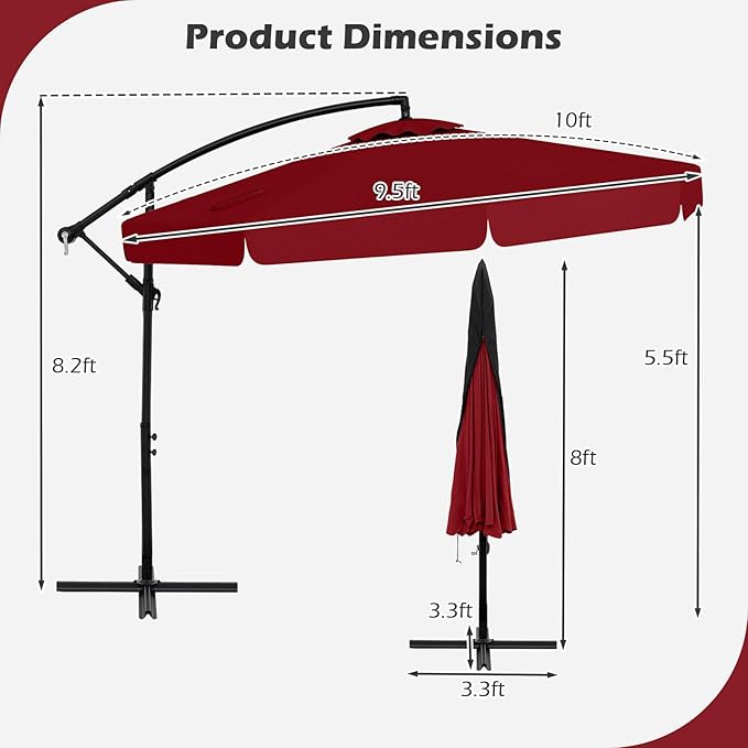 Tangkula 10FT Offset Hanging Umbrella with Cover, Patio Cantilever Umbrella w/ Easy Tilt Adjustment, Crank, Ruffled Edge, 8 Ribs, Sun-Protective Canopy, Heavy-Duty Outdoor Parasol for Pool Garden Deck (Red)