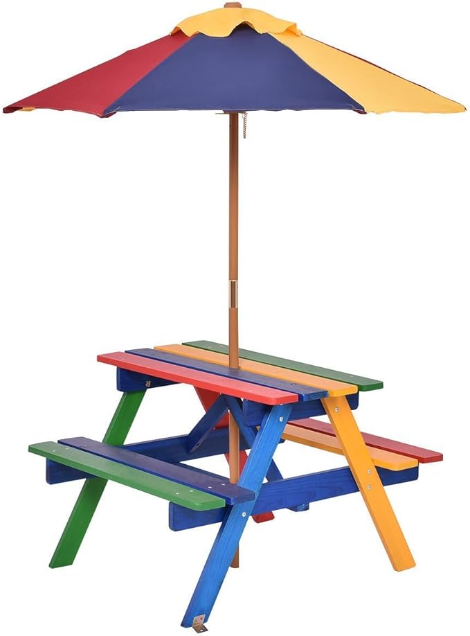 Costzon Kids Picnic Table Set, Colorful Wood Picnic Table and Benches with Removable/Folding Umbrella, Children Rainbow Bench Outdoor Patio Set