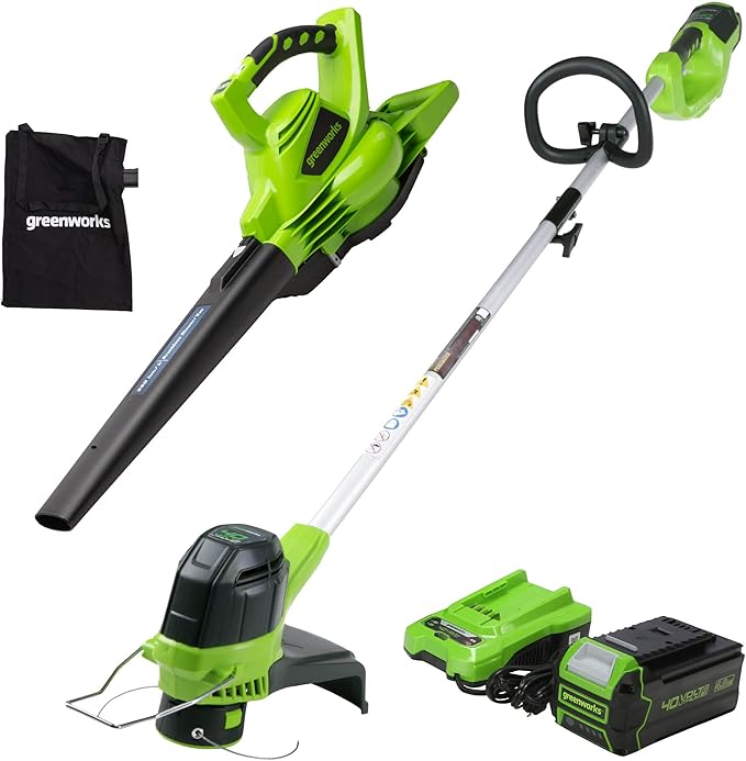 Greenworks 40VLeaf Blower/Vacuum and 12-Inch Cordless String Trimmer ,4.0Ah Battery and Charger included