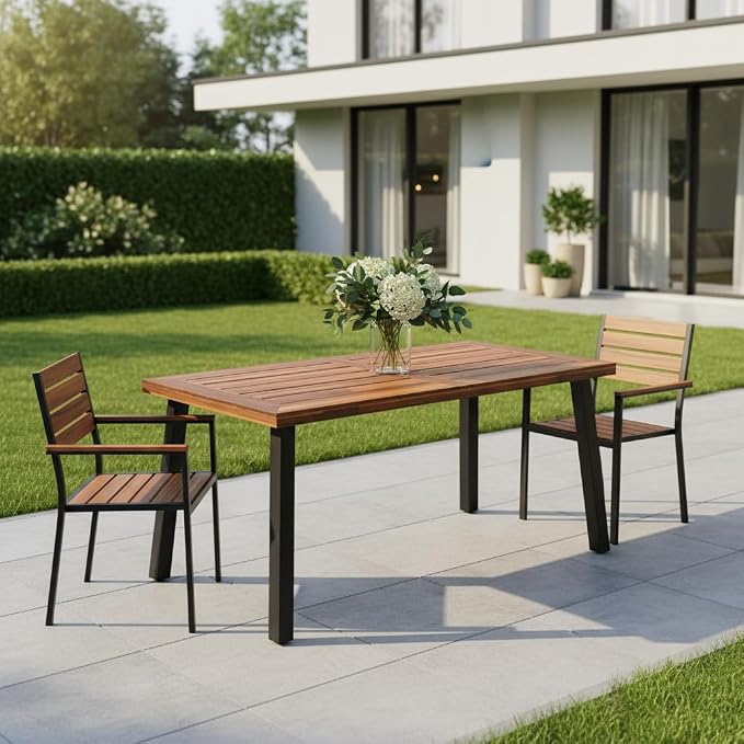 Giantex Patio Dining Table with Umbrella Hole, Outdoor Picnic Table for Backyard, Garden, Lawn, Farmhouse, Acacia Wood Rectangular Table with Metal Legs, Rustic Brown