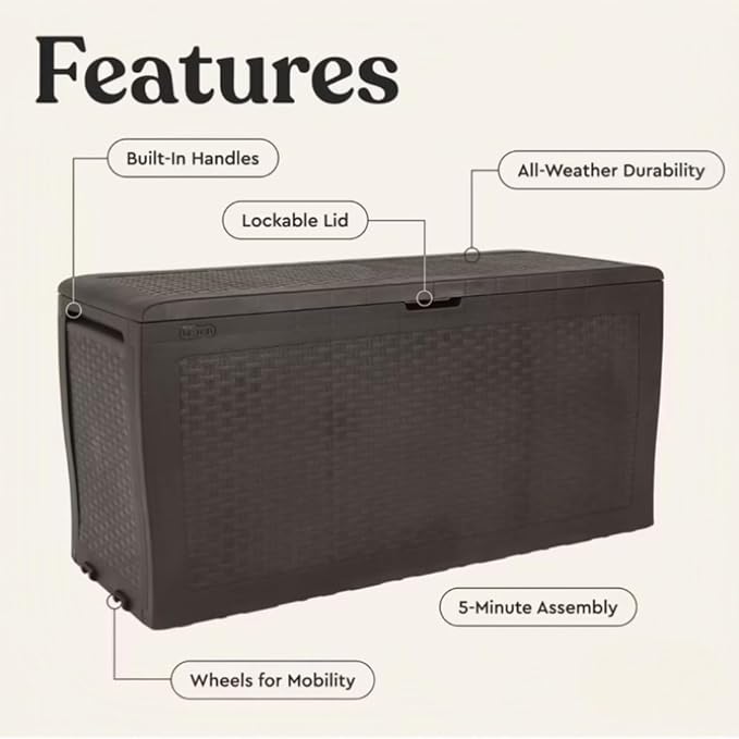 Large Resin Deck Box, 70 Gal Outdoor Storage, Rattan Style, Lockable with Wheels, (Brown, 46" L x 22.4" W x 17.7" H)