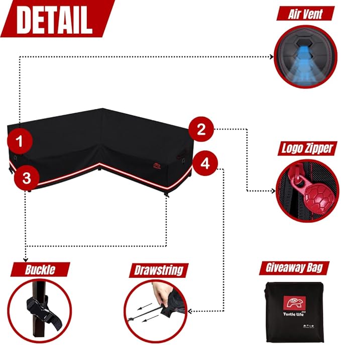 Turtle Life Patio Sectional Sofa Cover, Outdoor Heavy Duty Durable UV Water Resistant Anti-Fading V-Shaped Couch Cover, Black, 70" L (on Each Side) x 33.8" D x 33.8" H