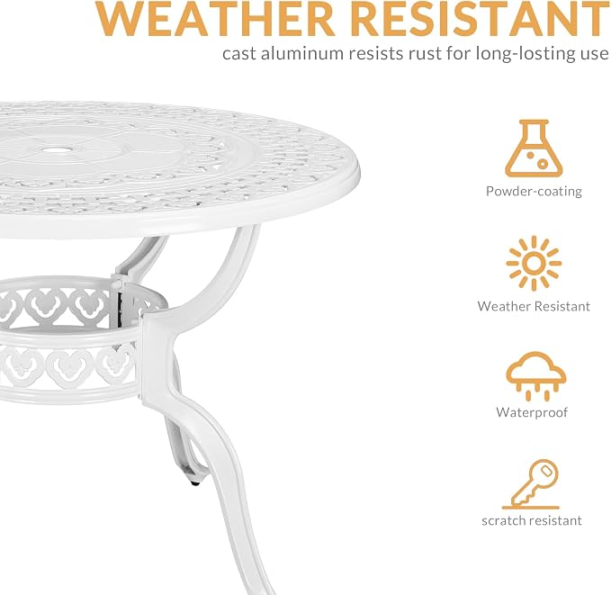 5-Piece Outdoor Patio Dining Set, All-Weather Cast Aluminum Patio Furniture Set for Backyard Garden Deck with 4 Chairs, 4 Cushions and 38.5” Round Table, 2.2" Umbrella Hole, White