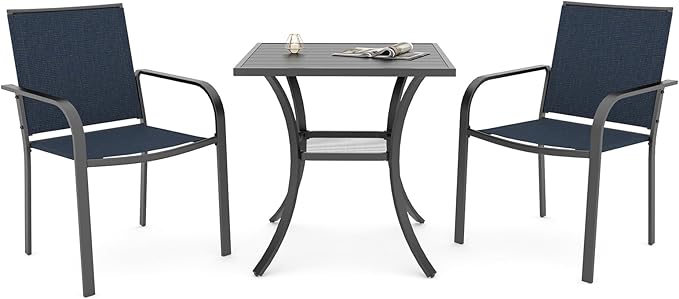 Anmutig Small Outdoor Patio Set with 27.5 Inch Metal Square Dining Table and 2 Navy Blue Stackable Chairs