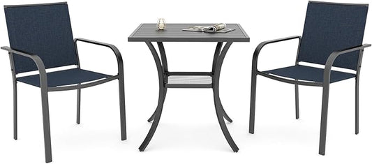 Anmutig Small Outdoor Patio Set with 27.5 Inch Metal Square Dining Table and 2 Navy Blue Stackable Chairs
