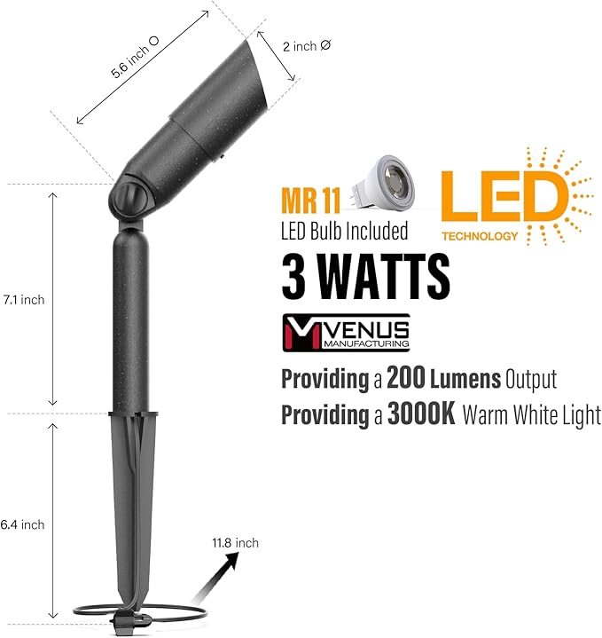 VENUS MANUFACTURING Low Voltage LED Spotlight 12V Outdoor Spot Lights Landscape Lighting 3 Watt 3000K Warm White Light Weatherproof Spot Light for Garden Trees with Spike & Connector 4Pack
