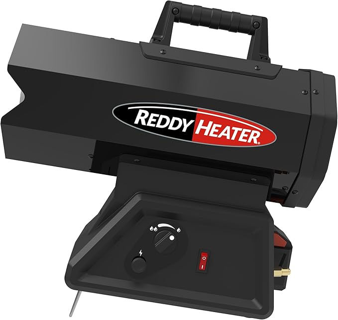 Reddy Heater Hybrid Cordless LP Forced Air Heater, 60,000 BTU, Outdoor Propane Space Heater, CSA Certified, Adjustable Base, Enclosed Motor, 10ft Hose & Regulator, Works w/Dewalt & Milwaukee