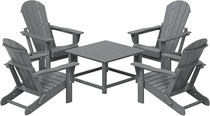 Costaelm Patio Conversation Set, 5 Piece Balcony Furniture, Small Patio Firepit Furniture Outdoor Adirondack Square Coffee Table and Chair for Backyard Lawn Porch Pool Garden, Gray
