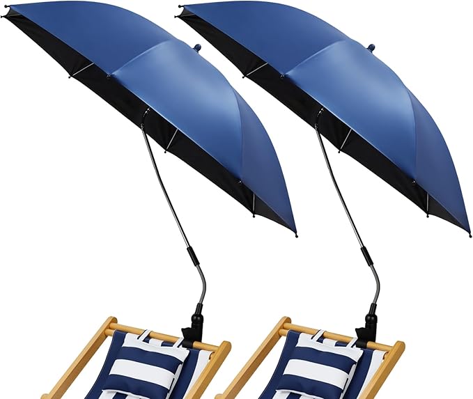 2 Pcs Beach Umbrella with Clamp UV Protection 48 Inch Adjustable Umbrellas for Chair with 360° Universal Clamps for Beach Camping Stroller Wheelchair, Chair Not Included(Deep Blue)