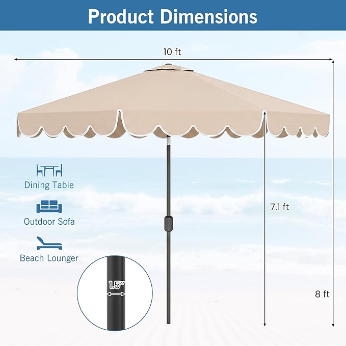 RELAX4LIFE 10 FT Scalloped Patio Umbrella, Market Table Umbrella with Push Button Tilt, Crank, 8 Sturdy Metal Ribs, Vented Top, Sun-Protective Ruffled Canopy, Heavy-duty Outdoor Parasol for Garden Poolside Deck