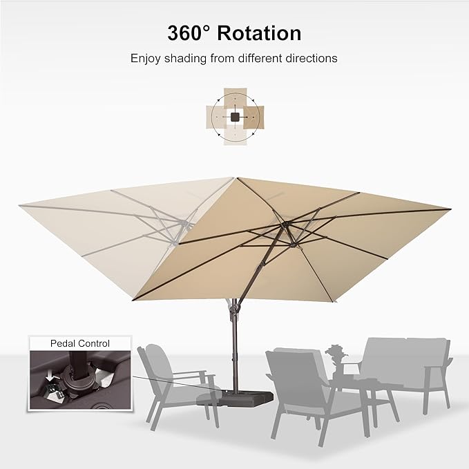 PURPLE LEAF 9' X 11.5' Rectangle Cantilever Umbrella with Base Patio Umbrella Outdoor Aluminum Antique Bronze Offset Hanging Umbrella with 360-degree Rotation for Pool Garden Backyard Deck, Beige