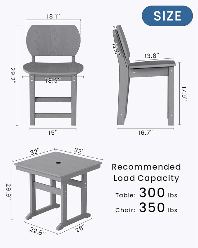 5-Piece HDPE Outdoor Patio Dining Set (Includes 1 Square Table and 4 Chairs) (All-Weather, Easy to Assemble, Umbrella Hole, 10+ Years of Lifespan) - Grey